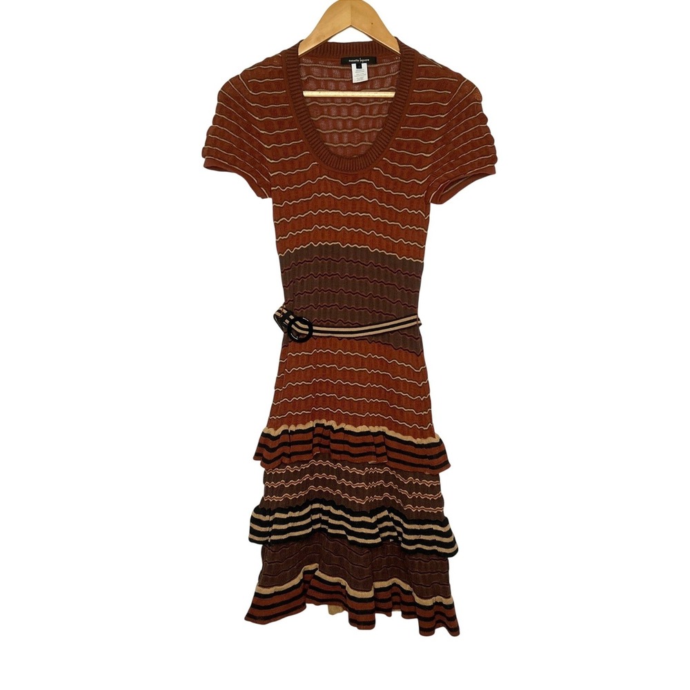 Nanette Lepore Striped Open Knit Cotton Brown Dress S Y2K Ruffle Belt Bohemian